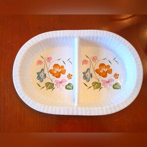 Vtg Treasure Craft Divided Serving Dish Ovenware Bakeware Orange Blue Flowers